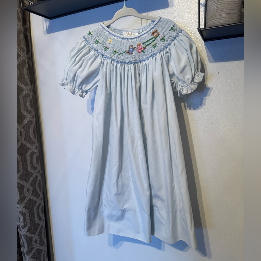 Smocked Light Blue Dress Jack and Jill Embroidered